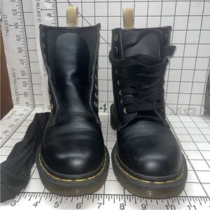 Dr. Martens Black Leather Lace-Up Boots with Yellow Stitching 6M